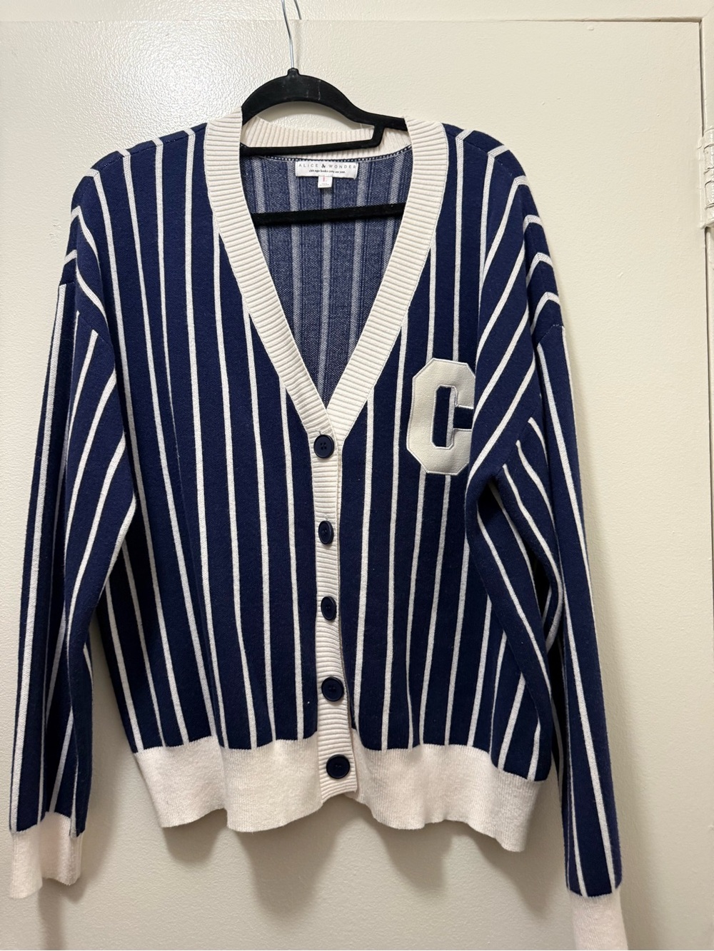 Striped Navy and White V-Neck Cardigan with 'C' Patch and CHICAGO on Back